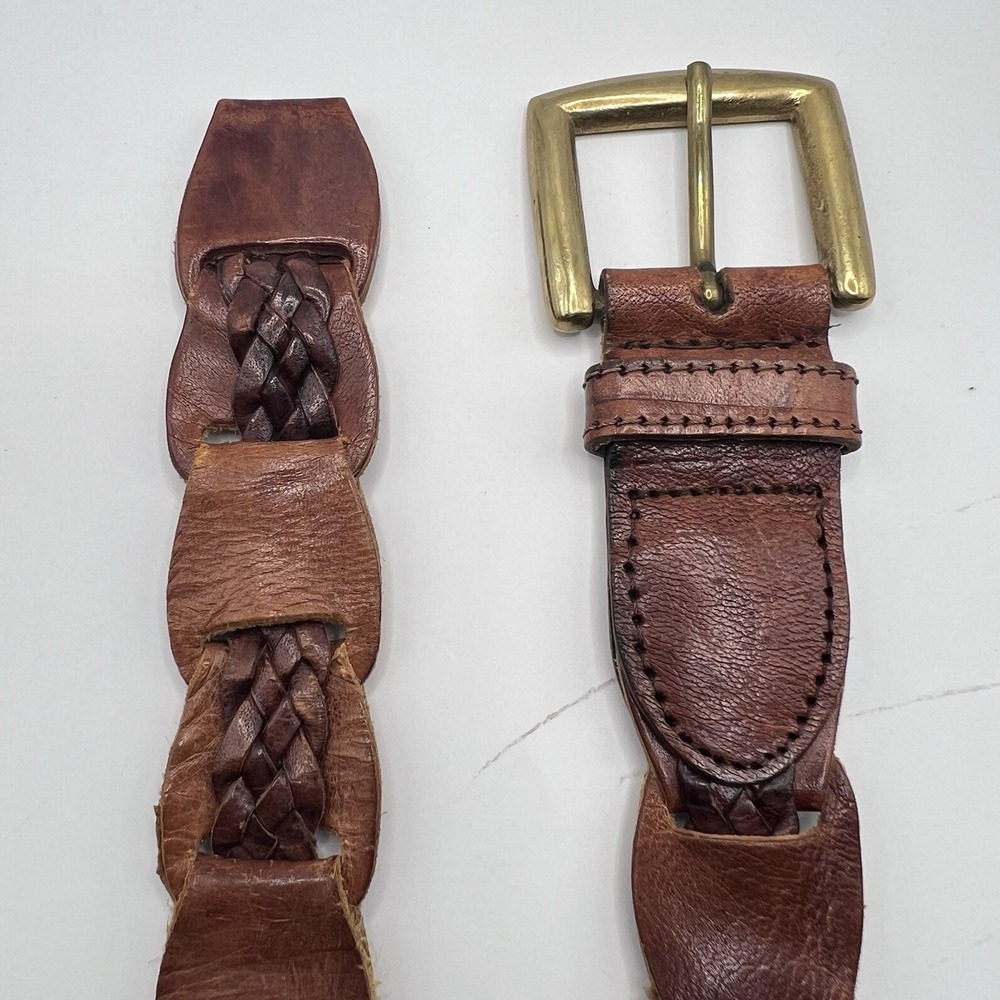 Braided Leather Link Belt Brass Buckle Small Brown Boho Western Festival - Picture 4 of 8